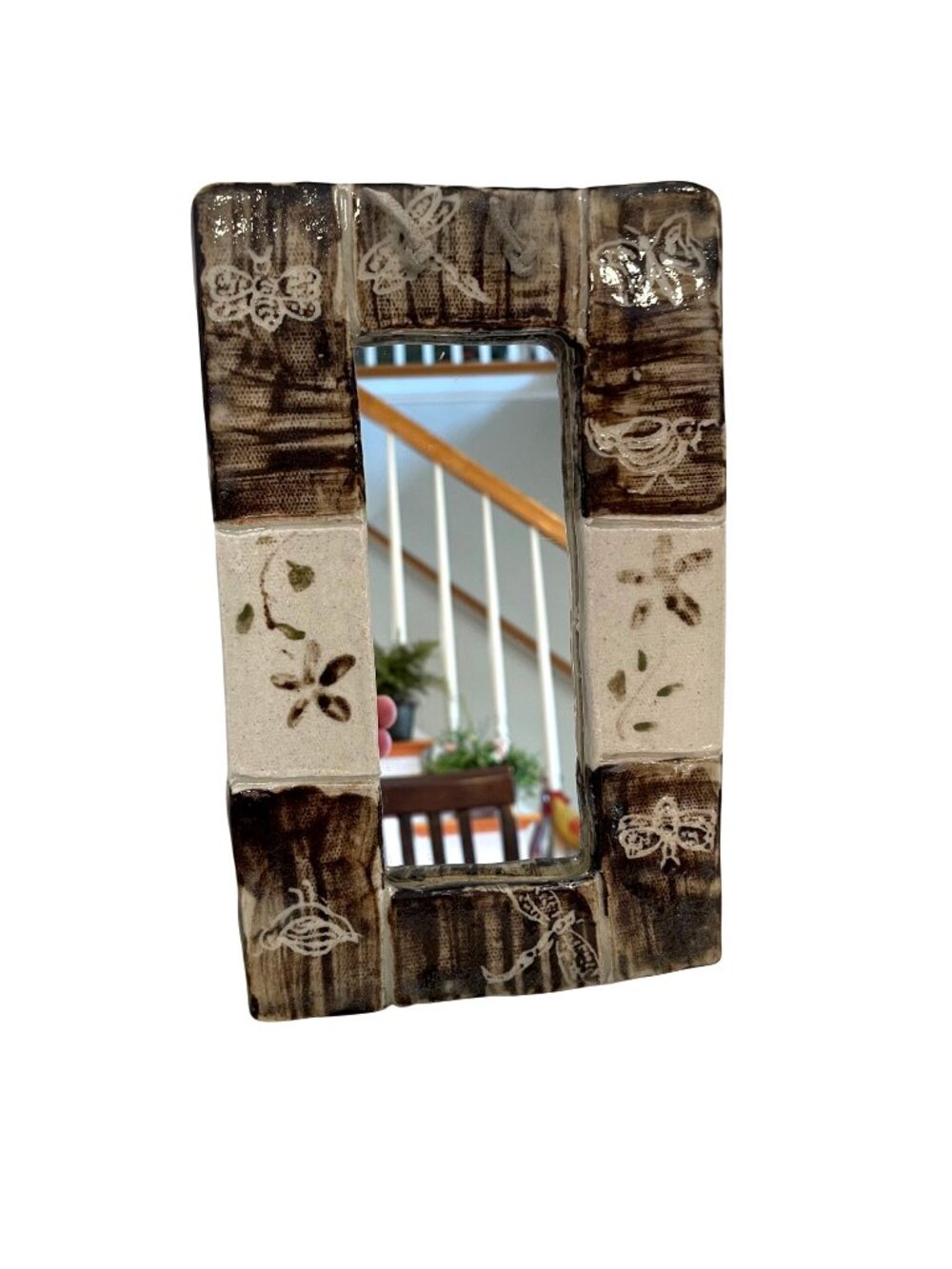 Handcrafted Ceramic Rectangular Wall Mirror With Nature-Inspired Brown & Beige T